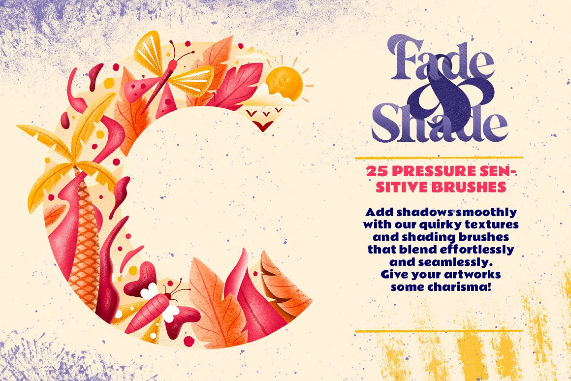 【PS笔刷】27支手绘插画淡入淡出阴影纹理层次感效果PS笔刷 Fade & Shade Photoshop Brush Set